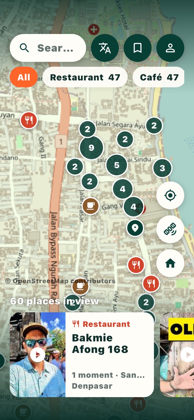 The Vayru map of Sanur with category icons and the place cards along the bottom.