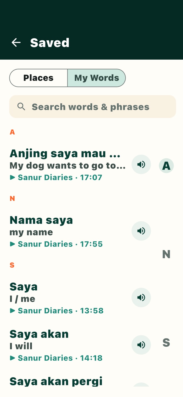 My Words in Vayru: saved phrases with their English, a Hear button and a link to the creator moment.