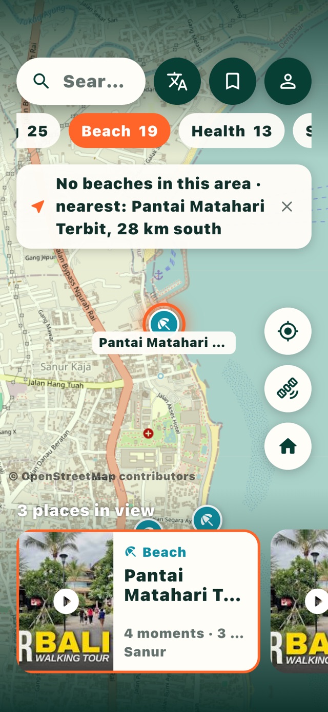 Choosing Beach while looking inland: Vayru moves to Pantai Matahari Terbit, the nearest Vayru beach, 28 km south, and says so.